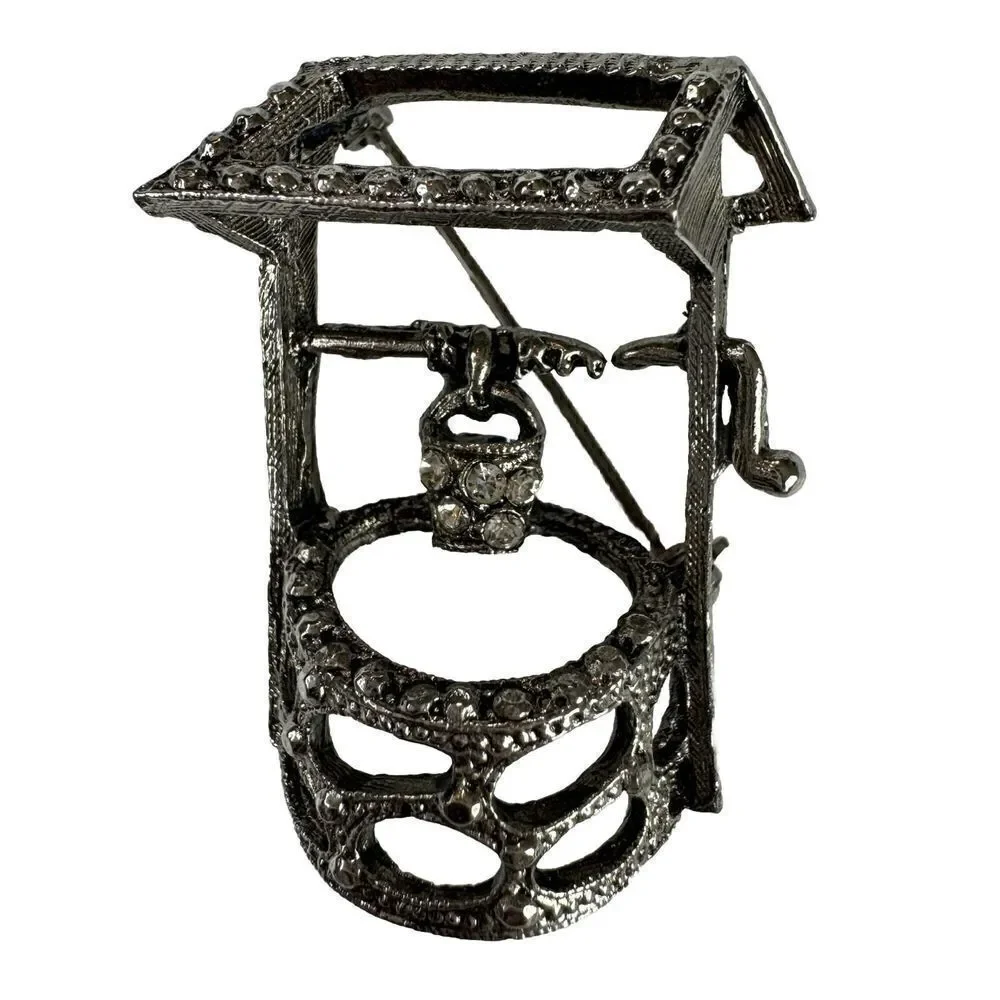 Vintage Wishing Well Brooch Silver Tone Rhinestone Figural Novelty Pin